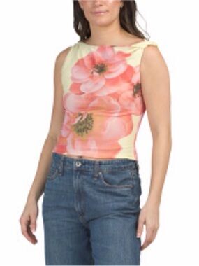 Sleeveless Floral Boatneck Top in Coral and Cream